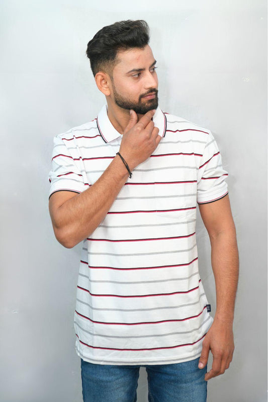 White Red Black Strips Designer Polo T-Shirt | Men Quirky Vibe - Quirky Vibe India