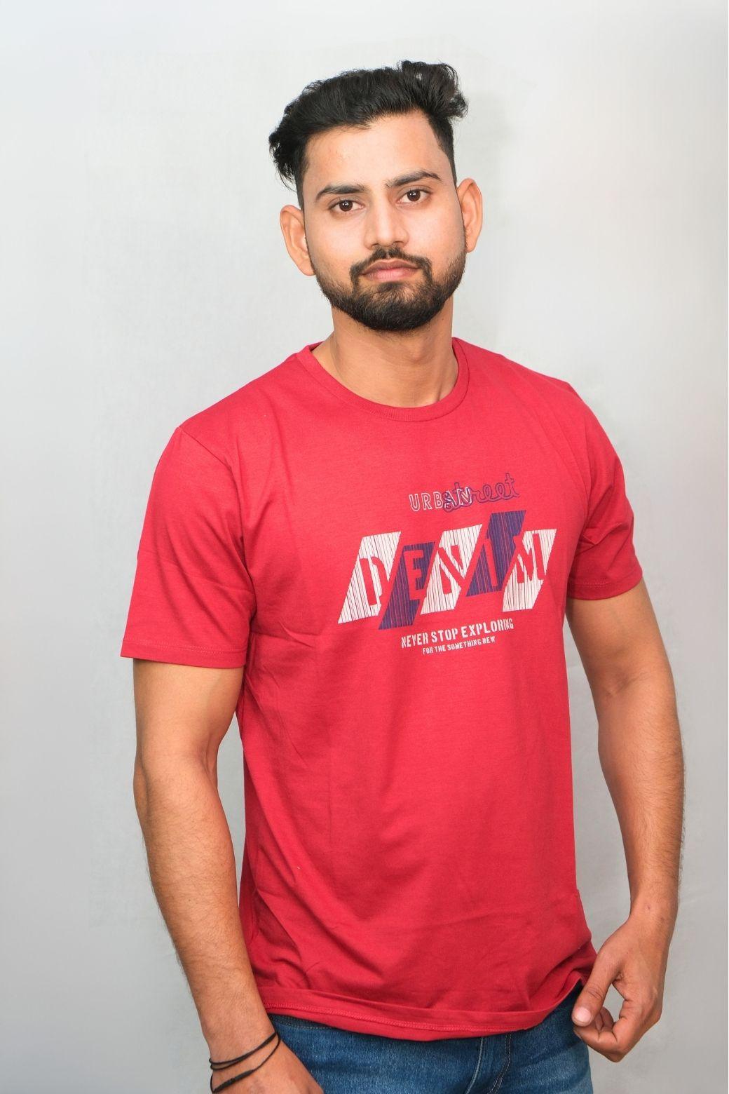 Red Color Denim Text T-Shirt | Boys Quirky Vibe - Quirky Vibe India