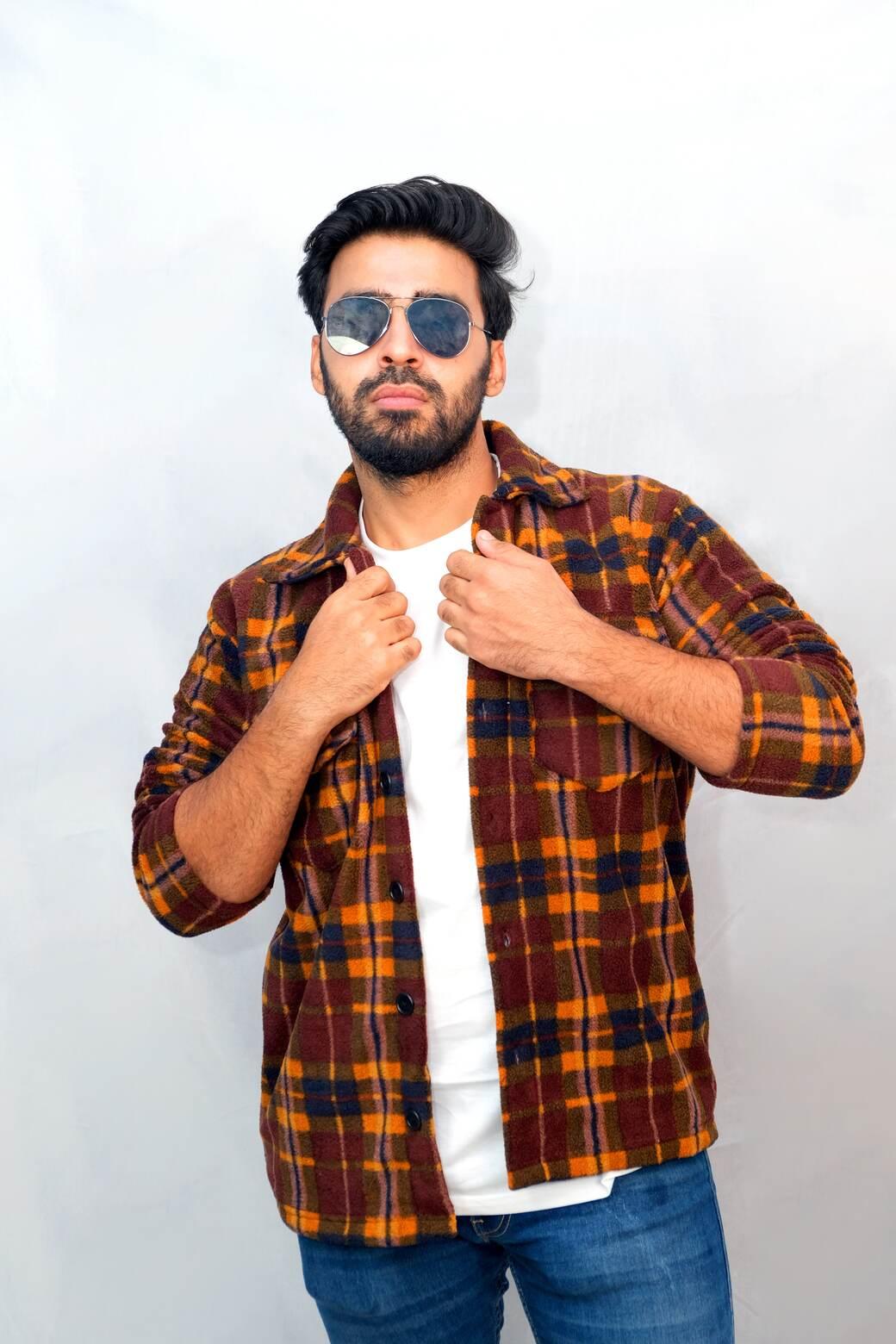 Orange Brown Plaid Shacket | Men Quirky Vibe - Quirky Vibe India