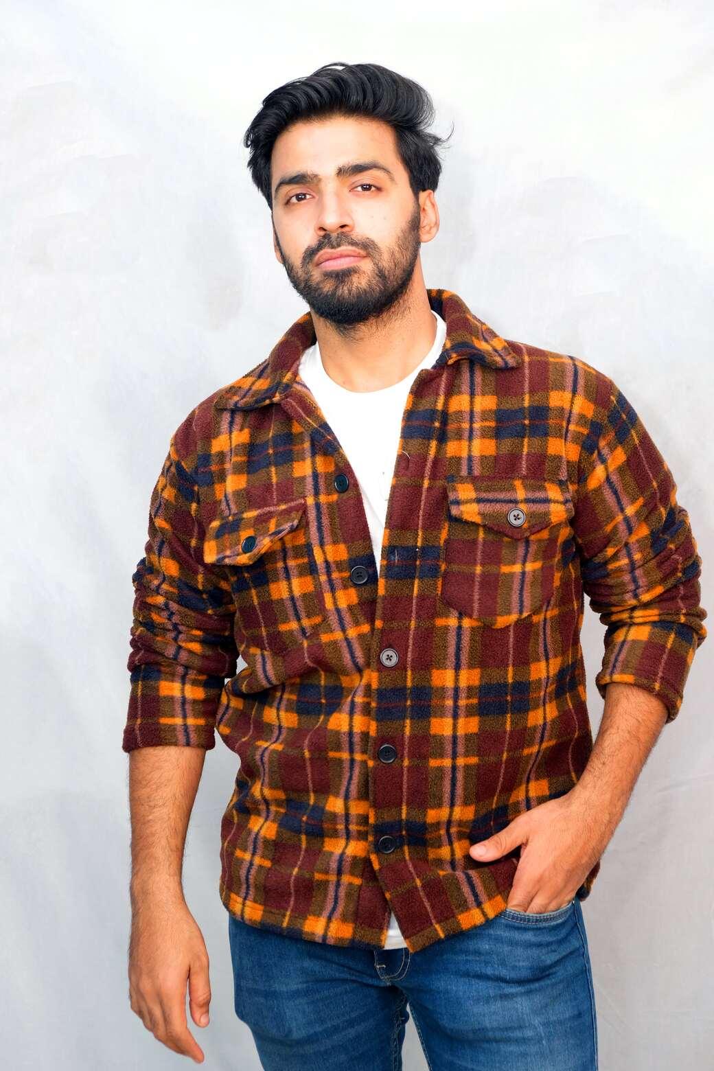 Orange Brown Plaid Shacket | Men Quirky Vibe - Quirky Vibe India